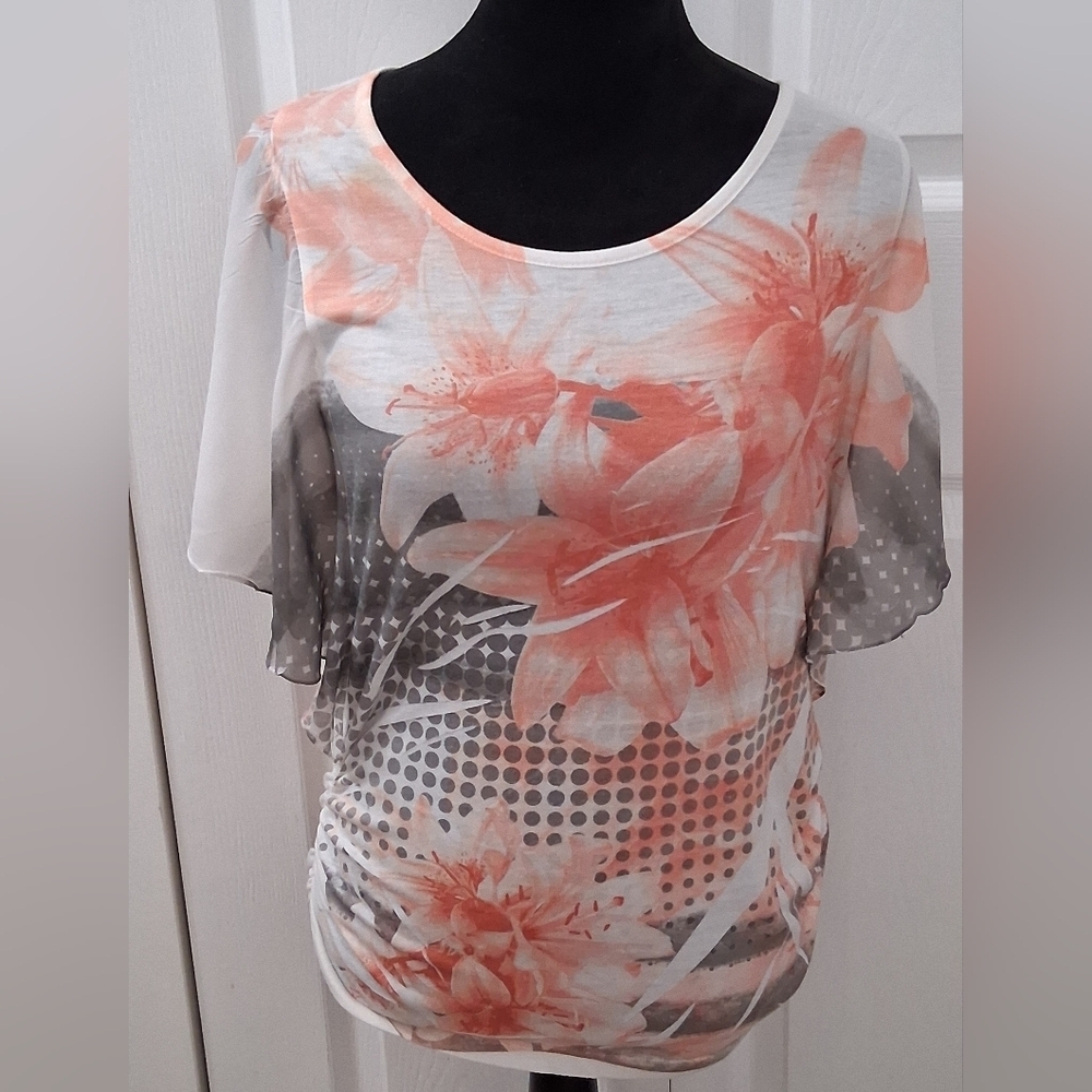 Espresso Orange & Grey Floral Blouse With Ruched Sides    Size M